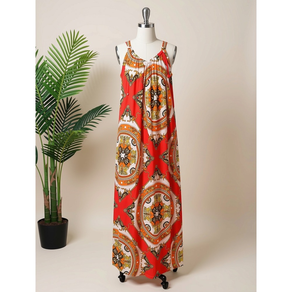 Discontinued Valerie Bertinelli Medallion Print Maxi Dress Orange Scarf Print 6